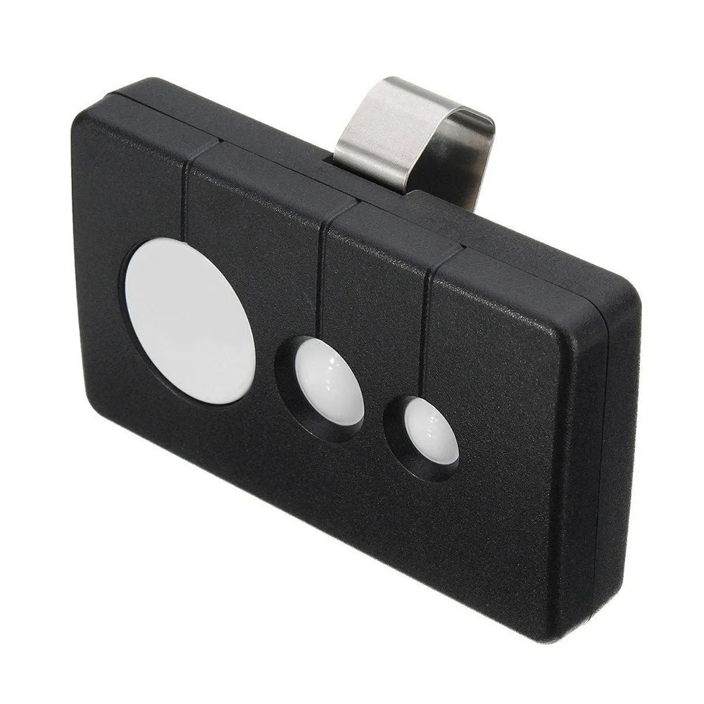 Black three-button LiftMaster compatible garage door remote control on a white background.