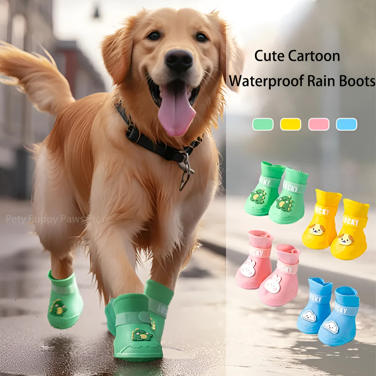 Waterproof anti-slip silicone pet rain boots, 4PCs, blue green pink yellow, sizes L to 5XL