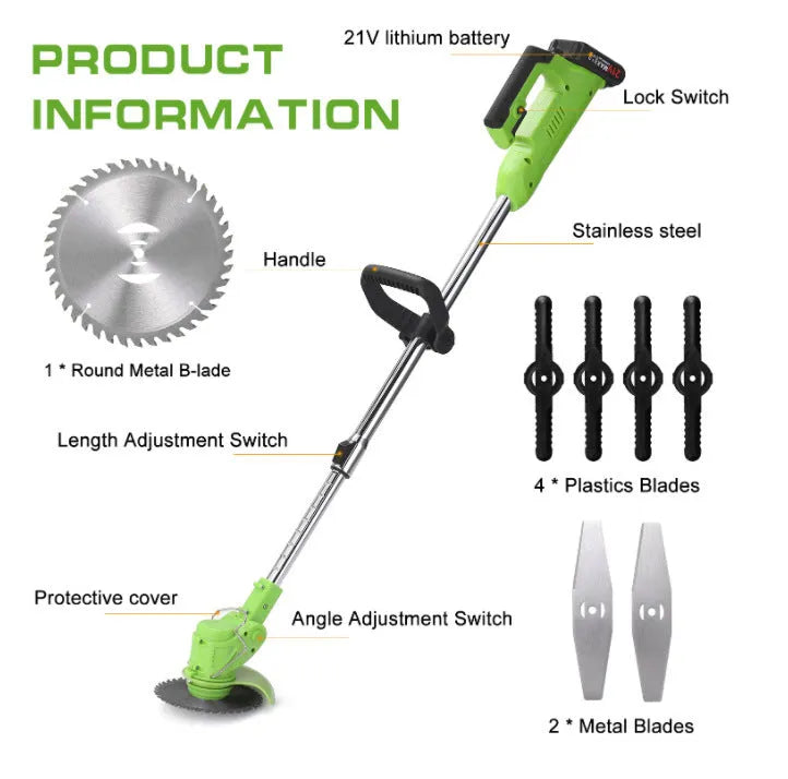 Cordless electric lawn mower with stainless steel telescopic tube on grass