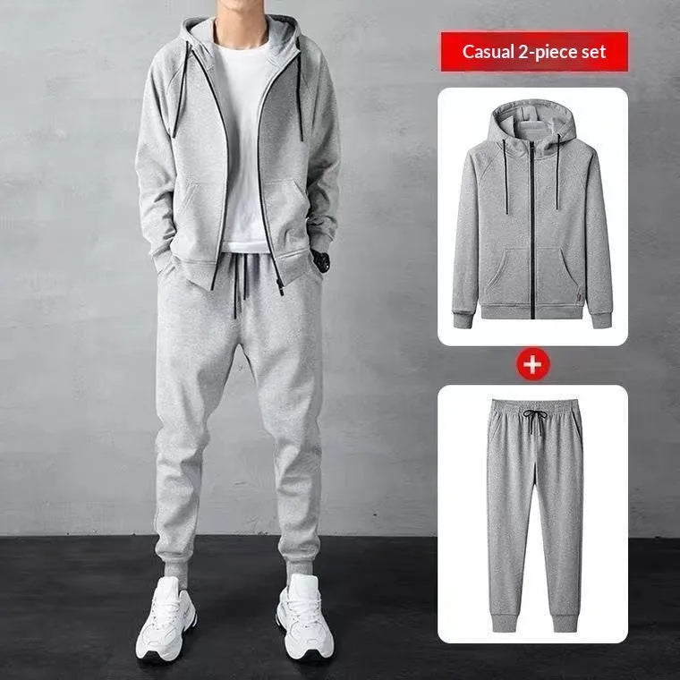 Men's loose zip-up hoodie and jogger set in black or grey cotton, sizes M to 4XL, 400g, spring casual outfit.