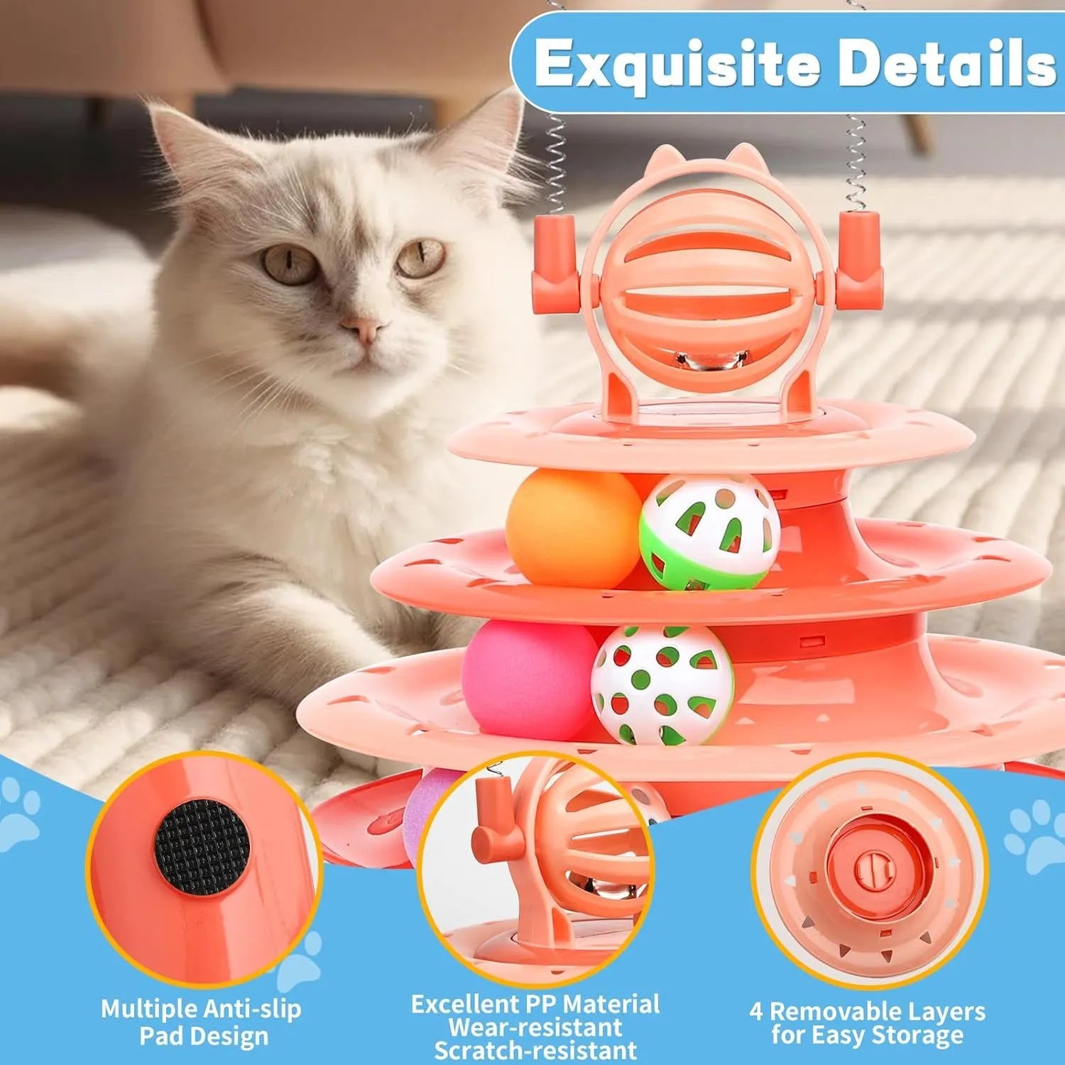 Blue four-tier rotating cat carousel toy with six coloured balls, a top bell, and two teasing rods on a non-slip base.