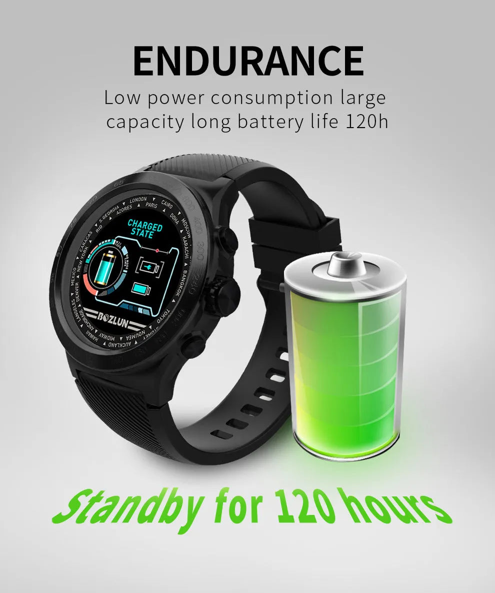 Smart watch with round screen, silicone strap, 45x49mm body, 14.5mm thick, heart rate and pedometer functions.