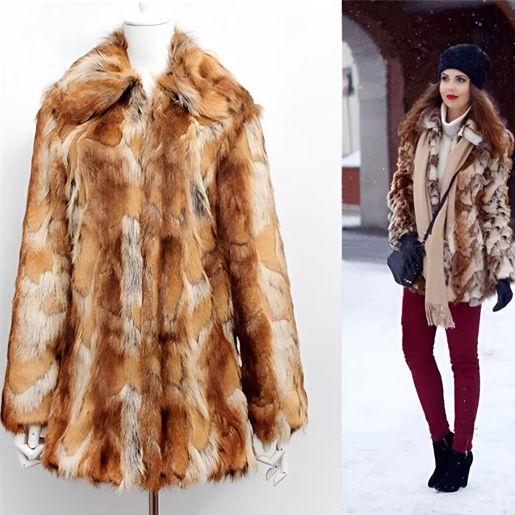 Women's slim-fit faux fur jacket with a bold tiger pattern, shown in a medium length.
