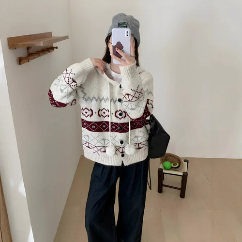 Plus size women's loose fit brocade sweater coat with geometric pattern in beige