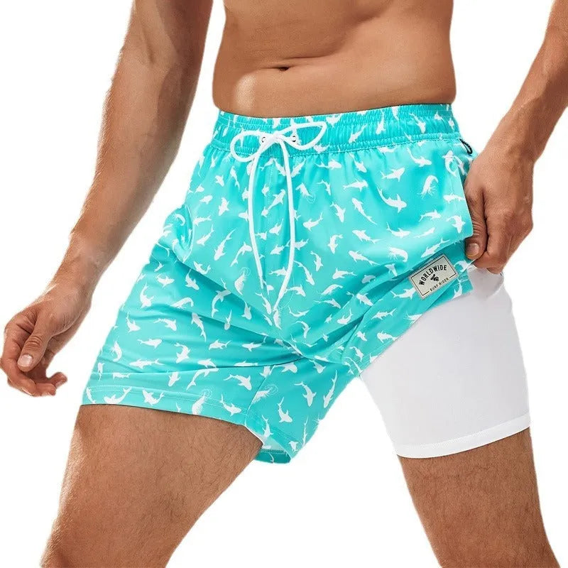 Men's loose boxer cut swimming trunks in quick-drying spandex fabric with micro-elastic properties
