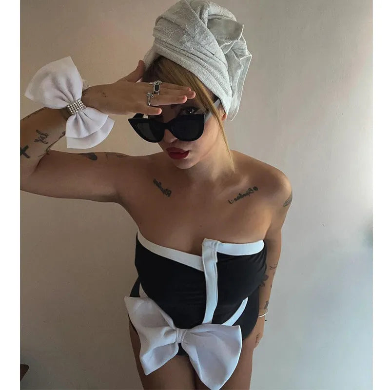 Women's black and white colour-block one-piece swimsuit with bow detail tube top