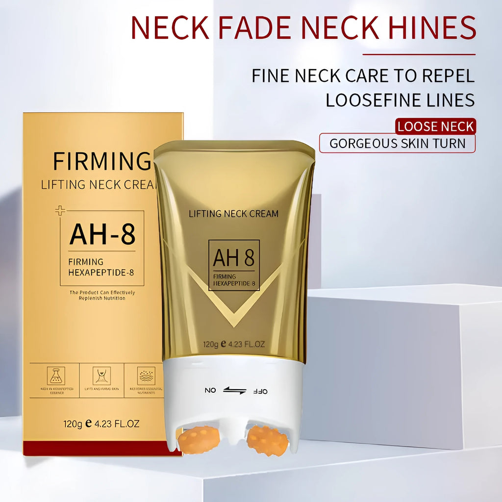 Neck cream with roller applicator in 8.8 x 3.5 x 16.5 cm container, 120g wrinkle treatment