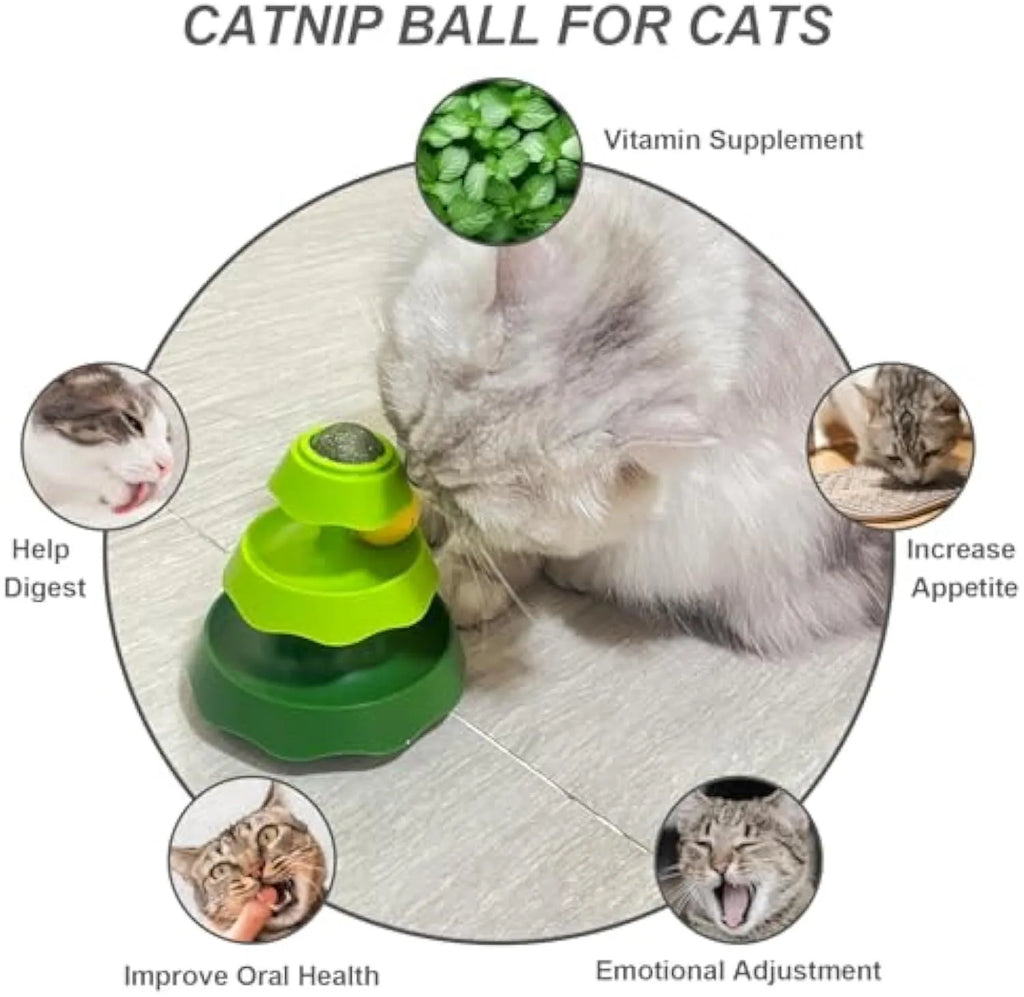 Green tree-shaped cat toy with two-level track, two moving balls, and top catnip ball under cover.