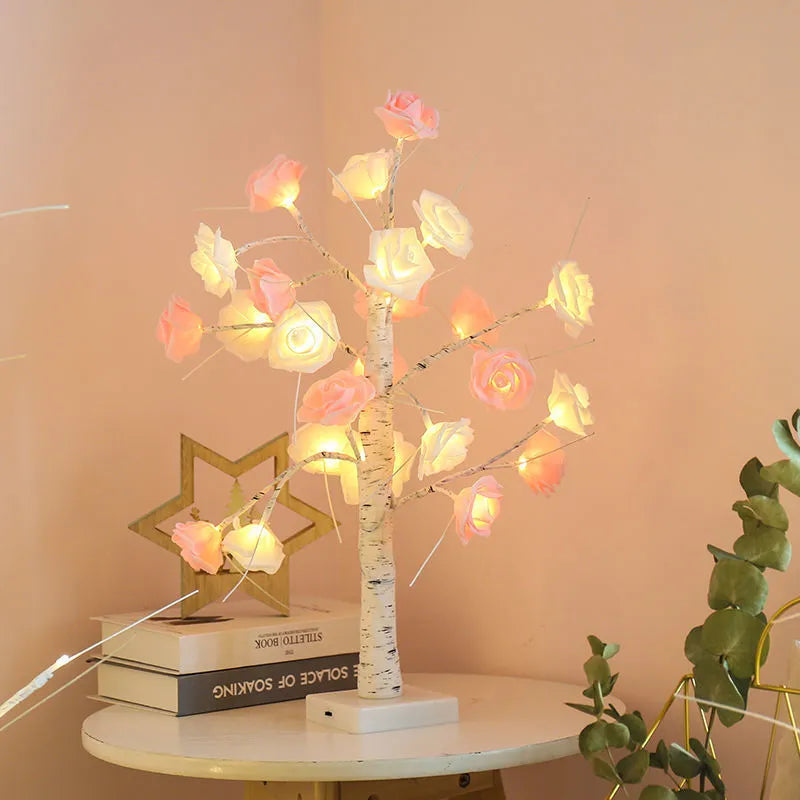 60cm rose tree lamp with 7cm pink and white rose heads and USB battery dual-purpose power