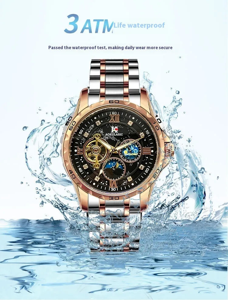 Men's automatic mechanical watch with large black dial and rose gold case.