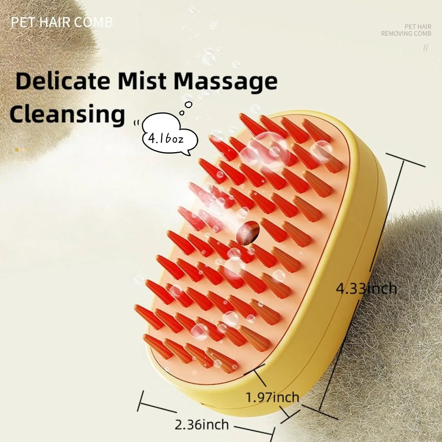White and yellow rechargeable pet steam brush with silicone comb teeth for grooming dogs and cats.