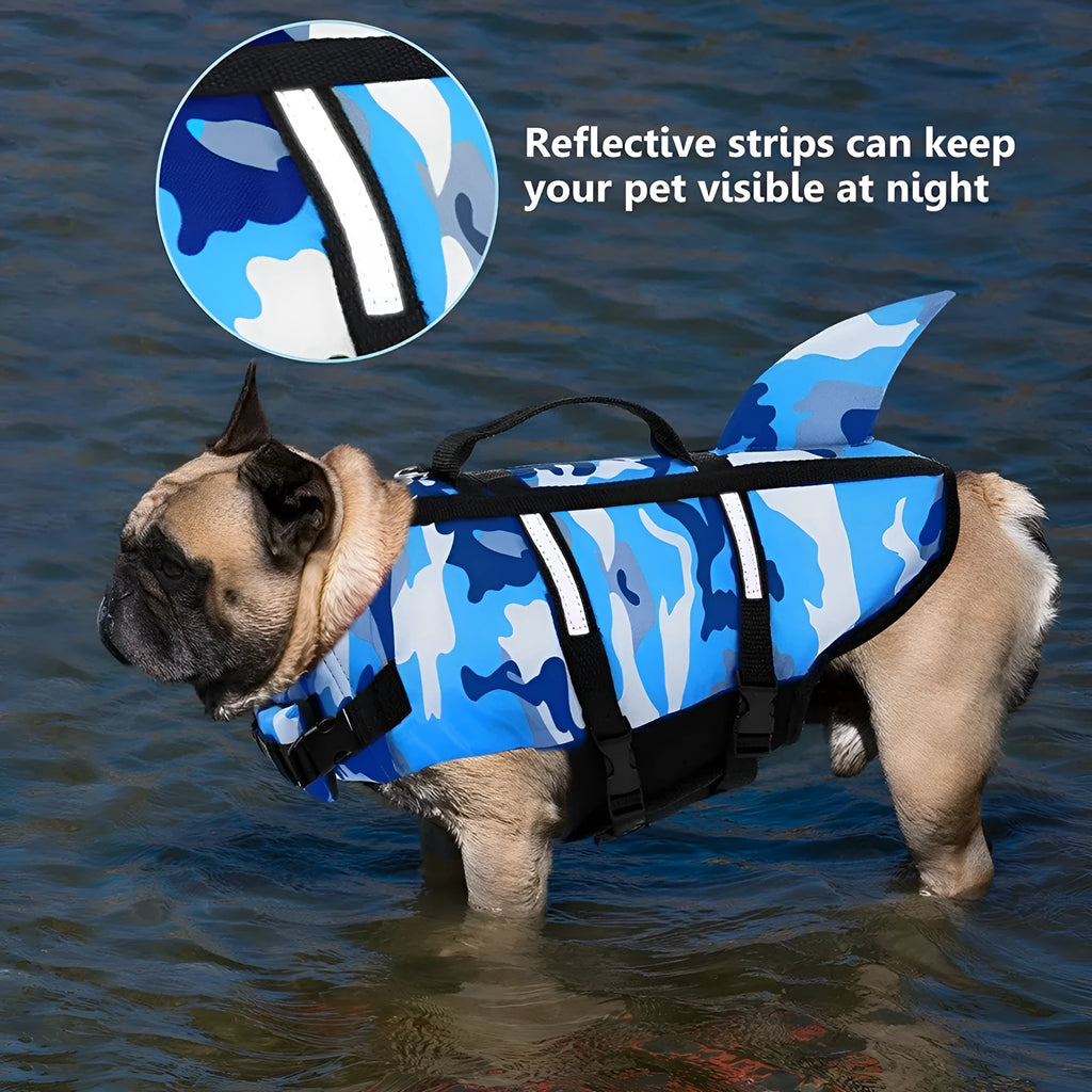 Dog life jacket in camouflage shark design, blue or rose red, sizes XS to XXL for pet swimming.