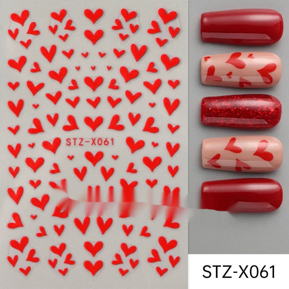 Cartoon-themed nail art sticker sheet with black and silver strip patterns and love motifs