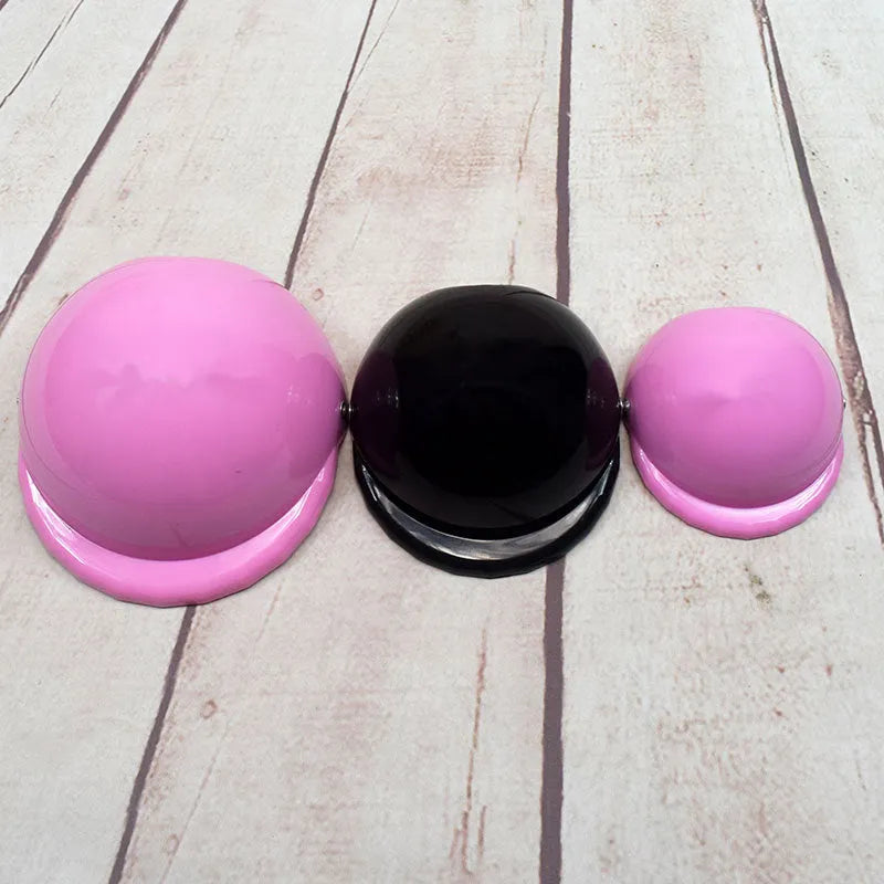 Plastic dog motorcycle helmet cap in pink colour showing Japanese Korean style design with size measurement