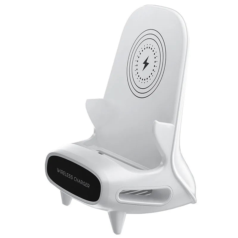White 15W wireless charging stand with vertical desktop bracket, Type-C interface and QI protocol