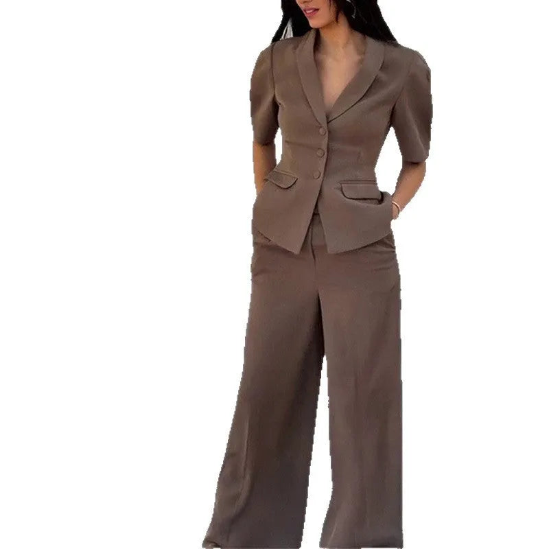 Brown men's slim fit polyester two-piece suit with long sleeve top and matching trousers