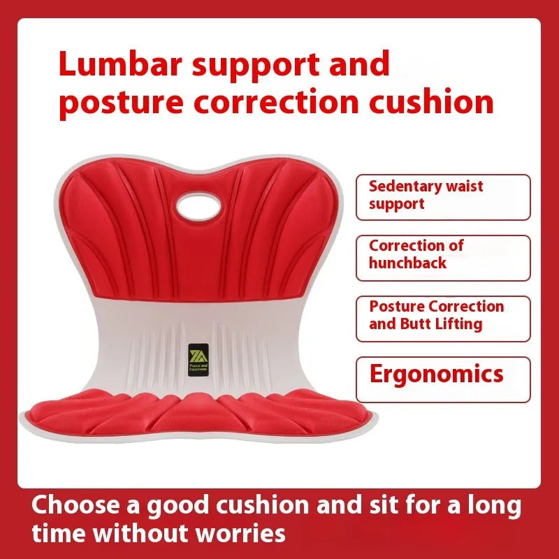 Grey ergonomic seat cushion with waist support contour on office chair