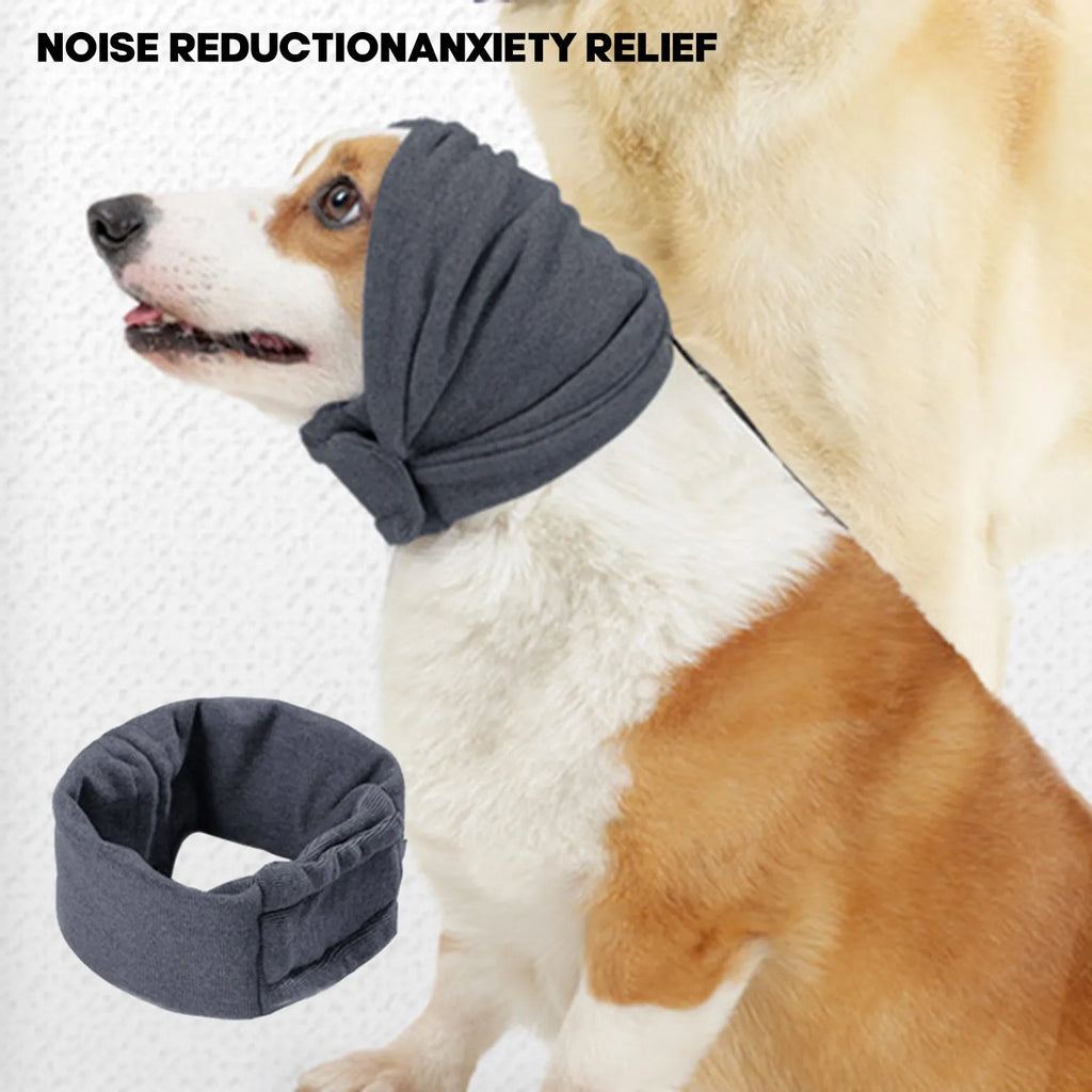 Black dog calming hoodie head wrap with earmuffs on a pet