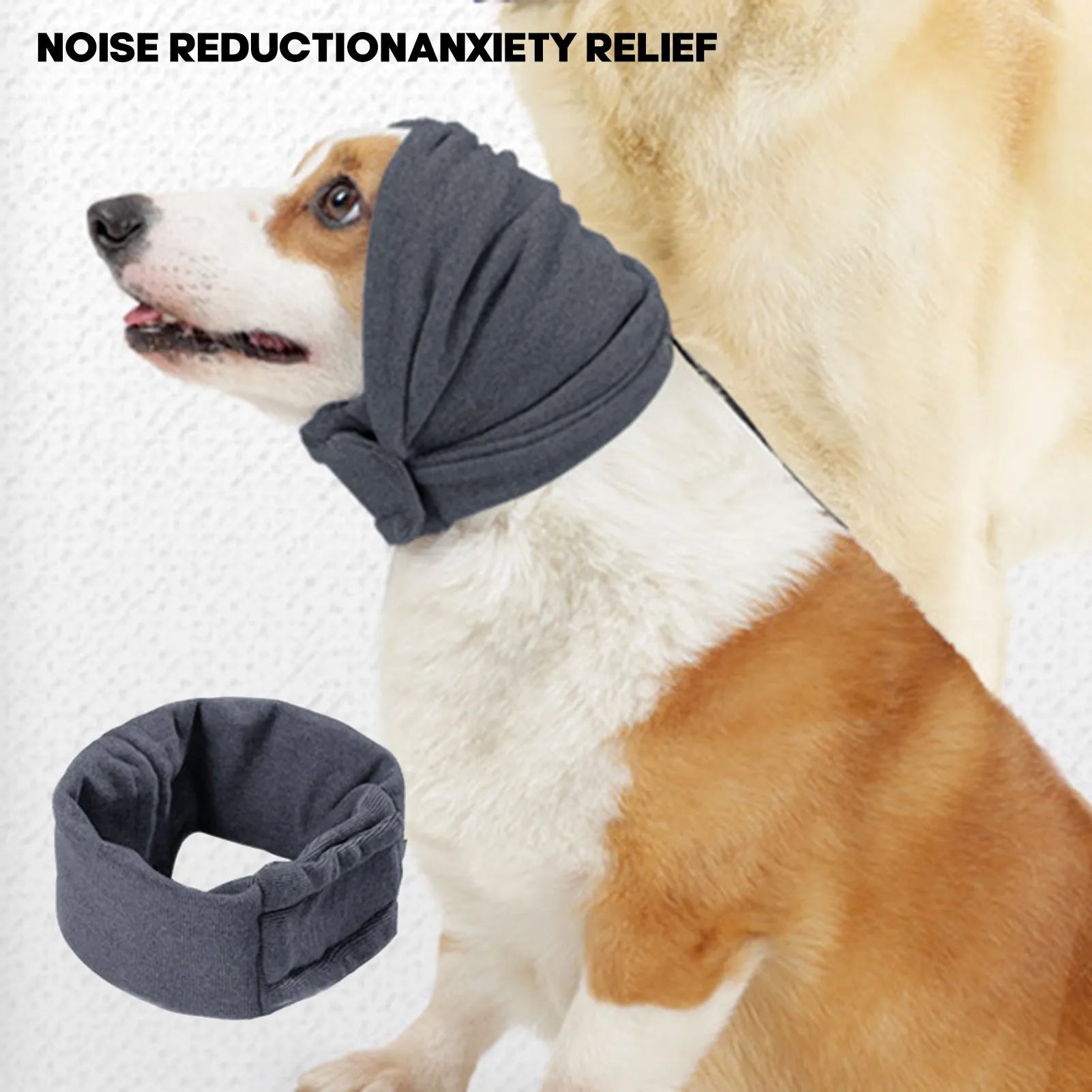 Black dog calming hoodie head wrap with earmuffs on a pet