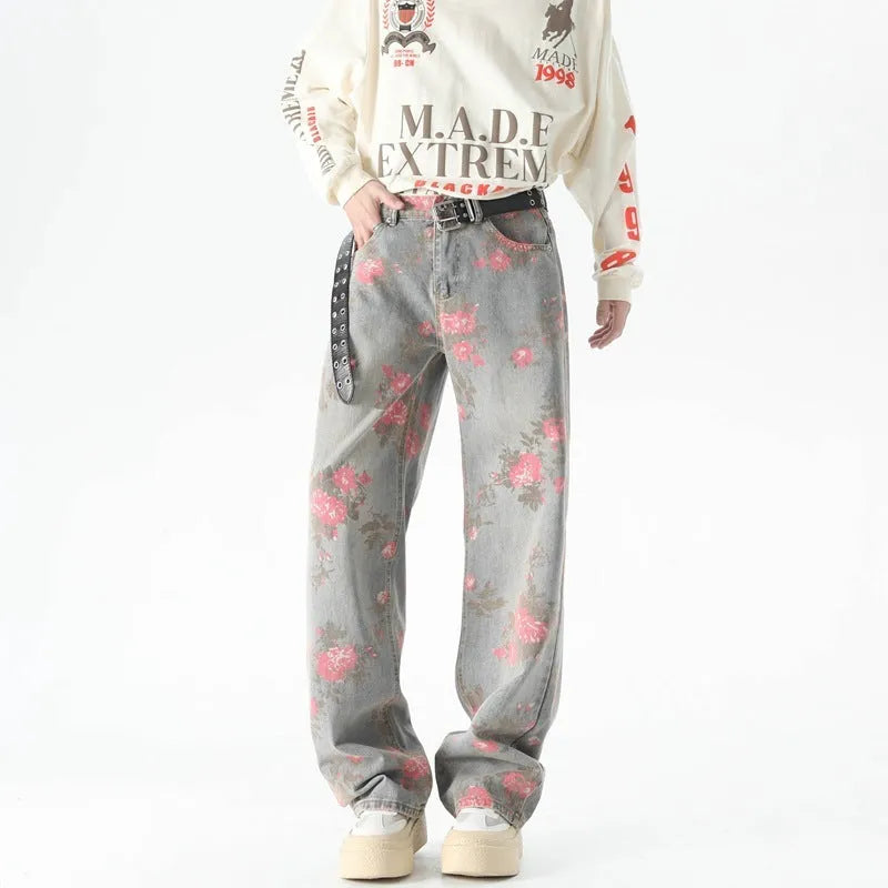 Men's blue peony jacquard washed loose jeans with mid waist and zipper fly