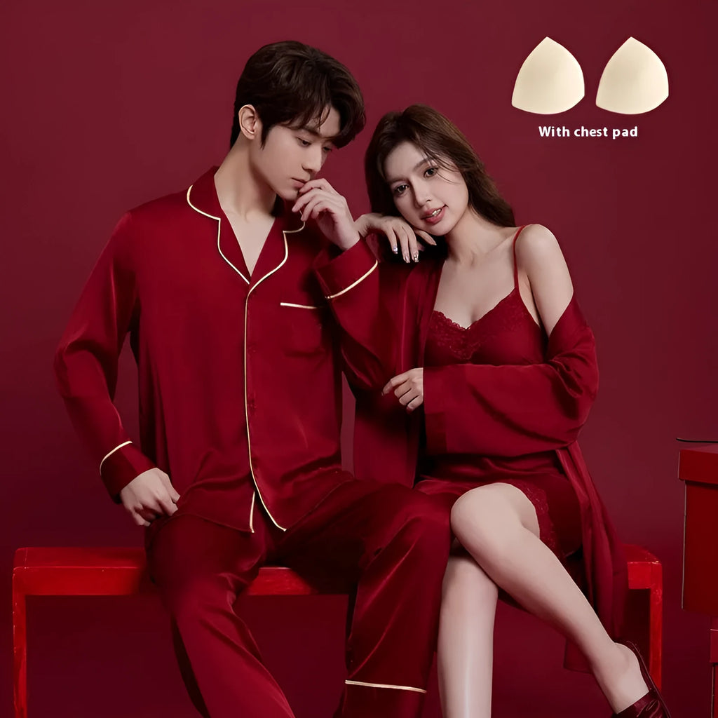 Red ice silk wedding dowry pyjama set for men and women showing long sleeves and trouser design