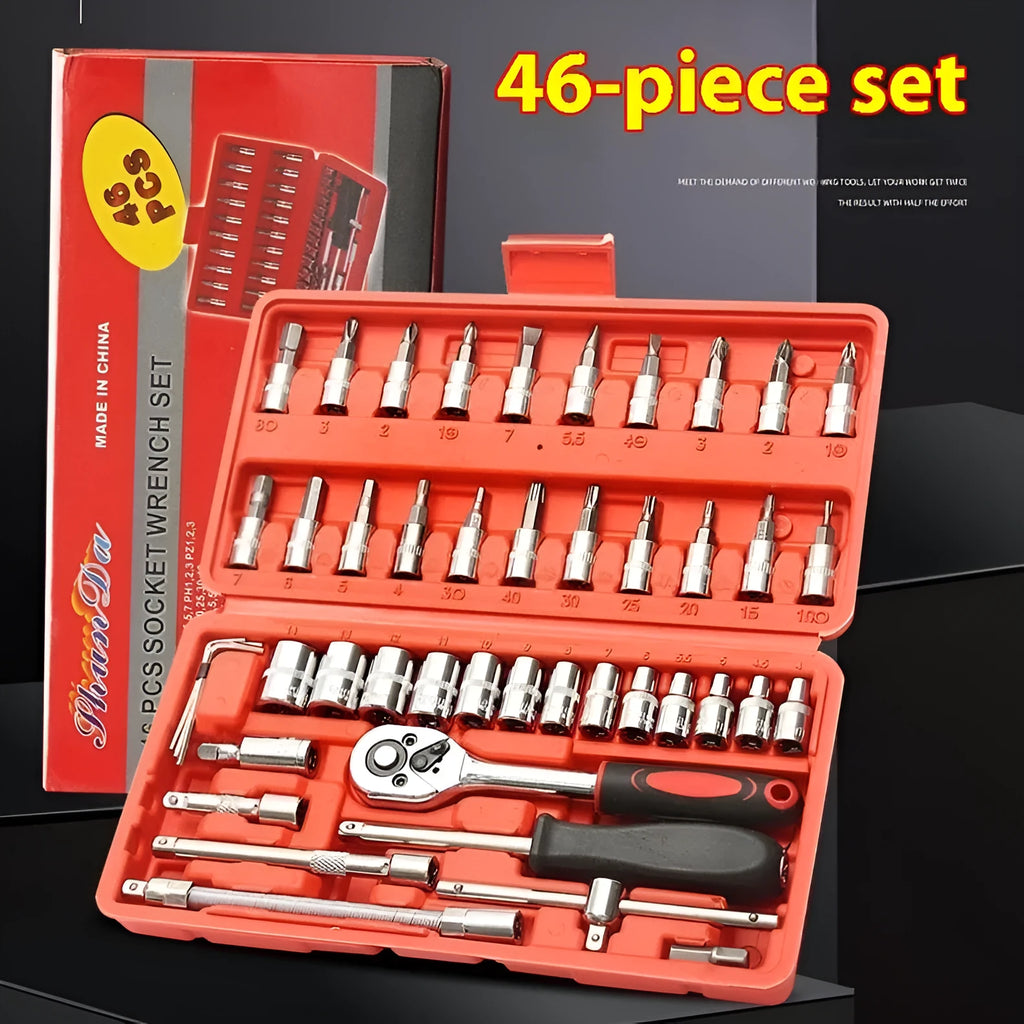 53-piece socket wrench ratchet spanner set in red and black storage box for home hardware repair