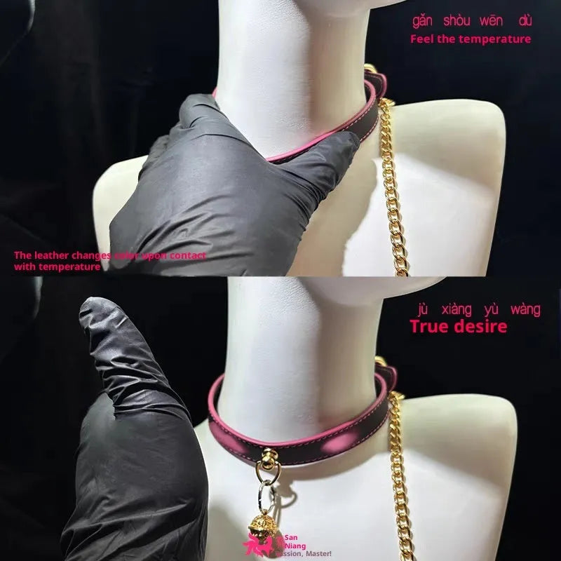 Night colour changing U-shaped leather collar with alloy ring pendant, unisex, in thermo and glow colourways