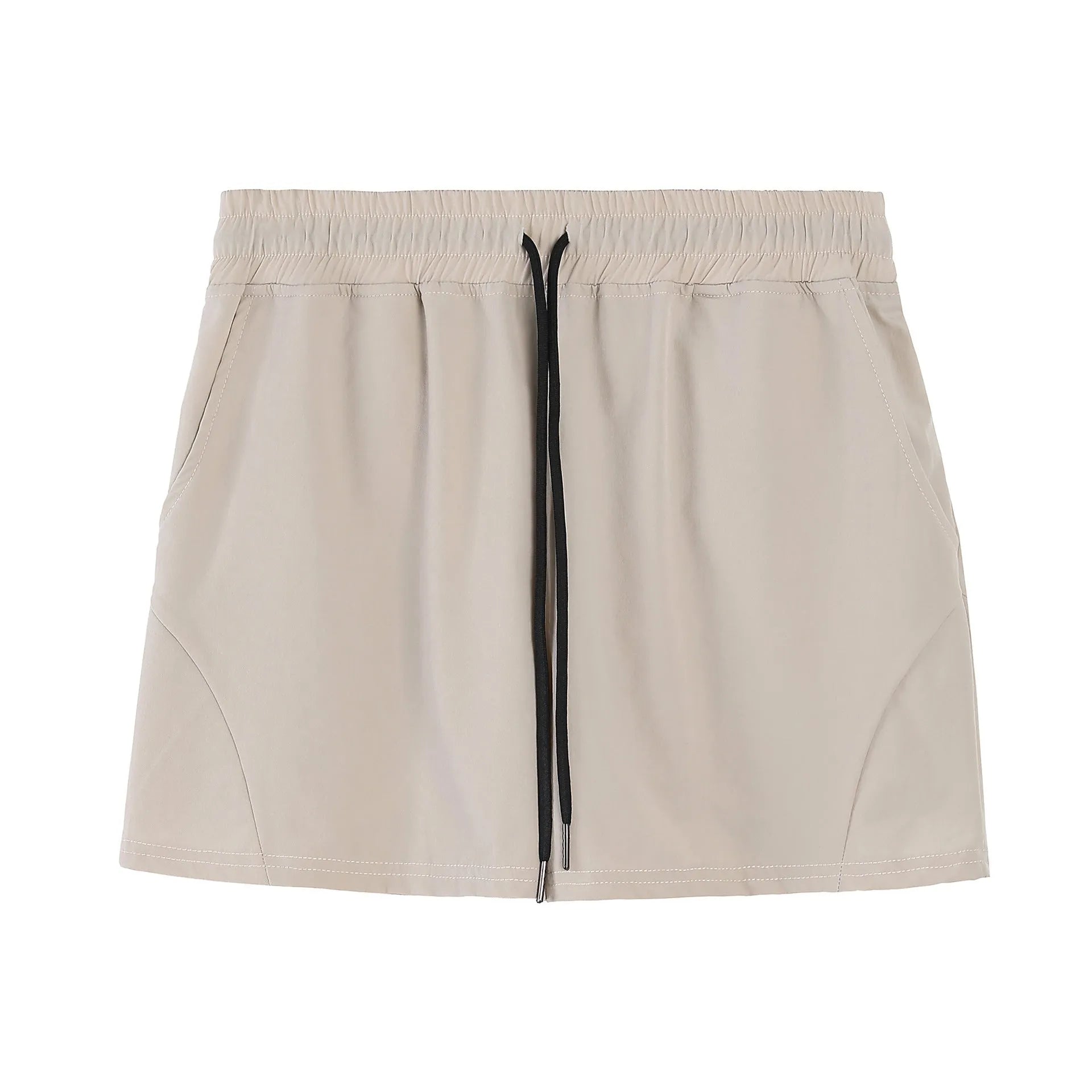 Men's thin grey polyester basketball shorts with elastic waistband, shown flat.