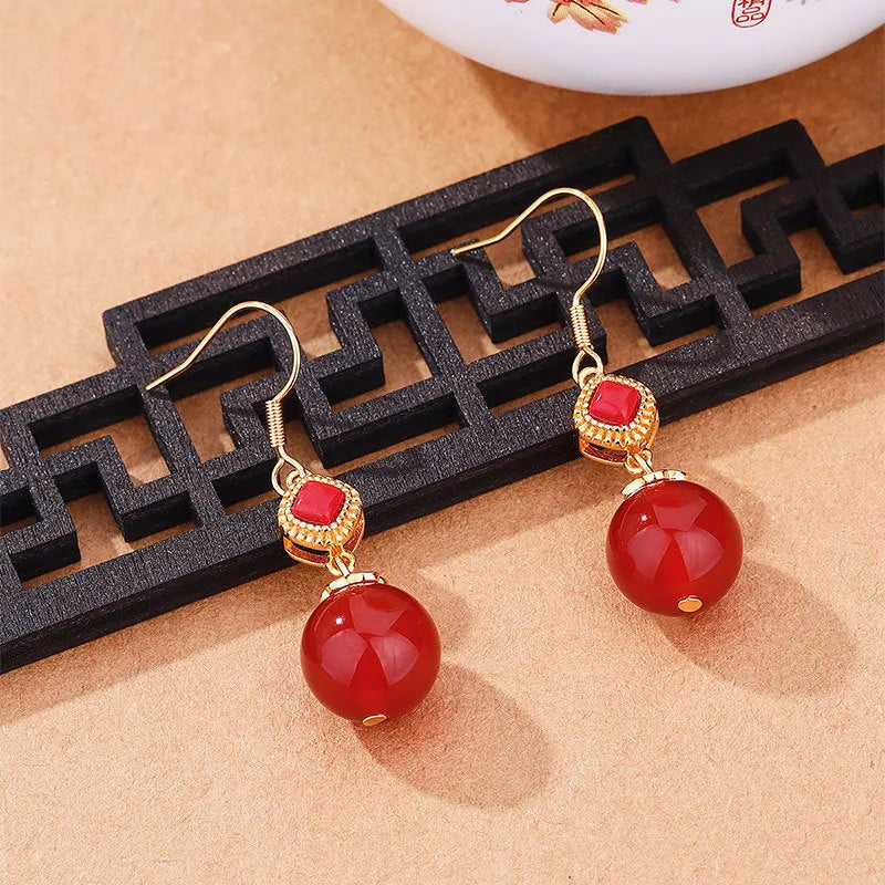 Southern red agate round bead earrings with S925 silver jasper inlay geometric drop design