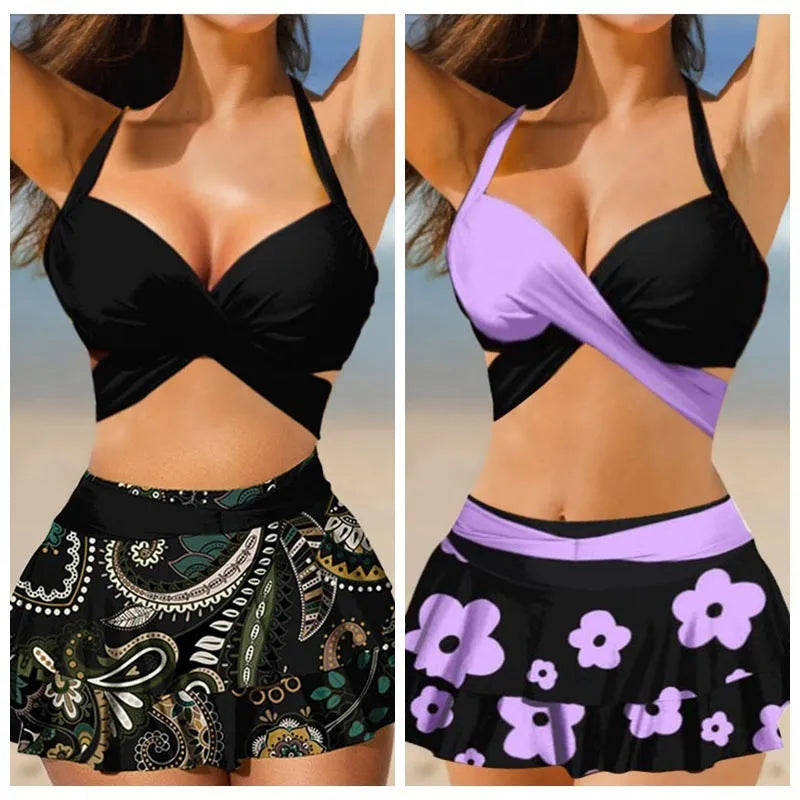 Purple women's bikini set with lace-up front and high-waisted split skirt.