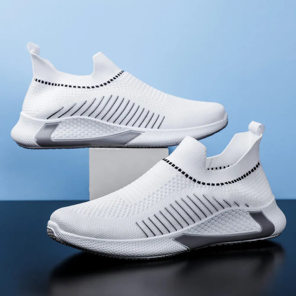 Men's striped mesh sock shoes with flyknit upper and lace-up front in multiple colour options