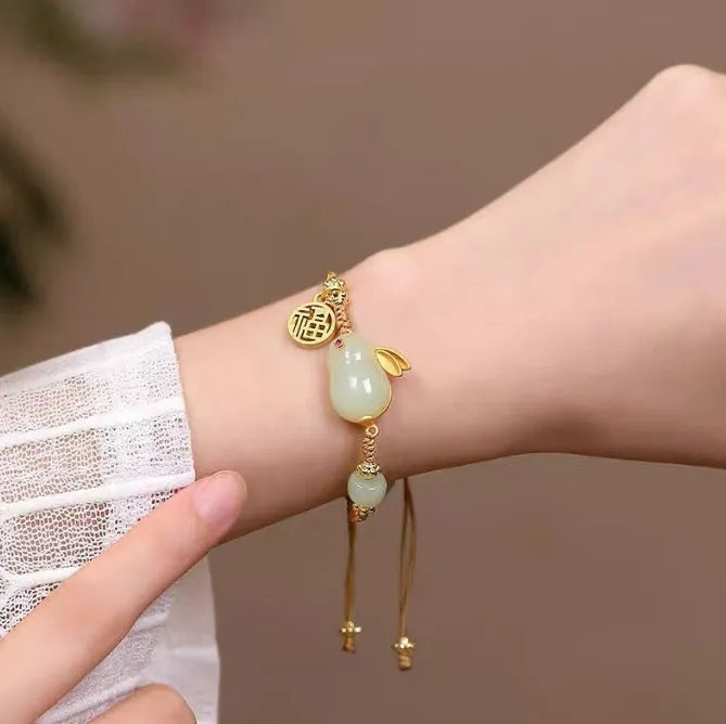 Hetian jade rabbit bracelet with yellow string and geometric charm jewellery for women