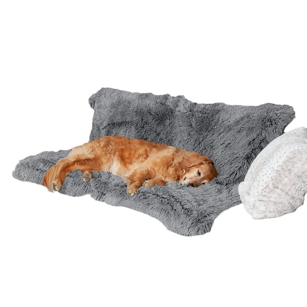 Plush waterproof dog cushion in dark grey showing double-layer thickening construction with size measurement