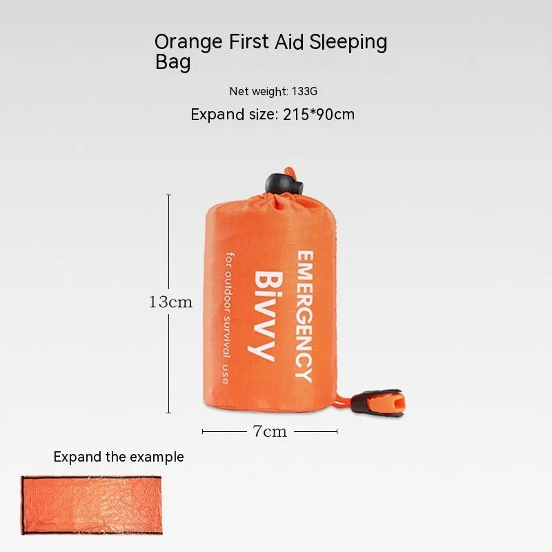 Emergency tent kit with sleeping bag and raincoat components for outdoor survival