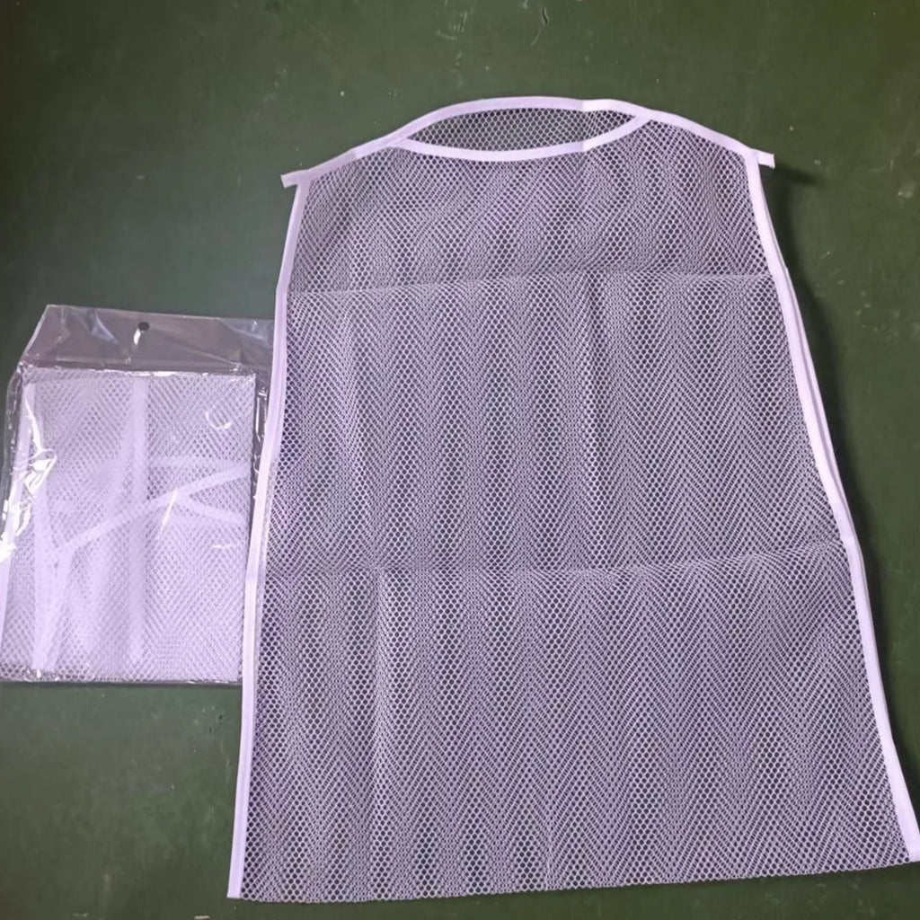 Fabric mesh pillow drying net pocket hanger with windproof design, shown in white, blue, grey and pink