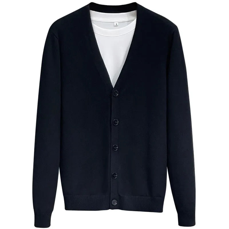 Men's cotton knit V-neck cardigan in black, green, apricot, light grey or dark grey, loose fit, sizes M to 3XL