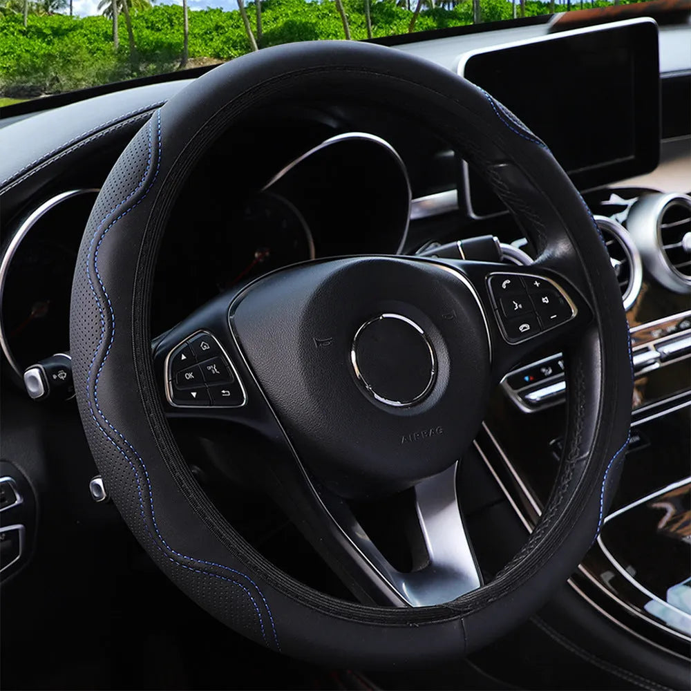 Elastic corrugated steering wheel cover in PU leather foam for 37-38cm diameter wheels