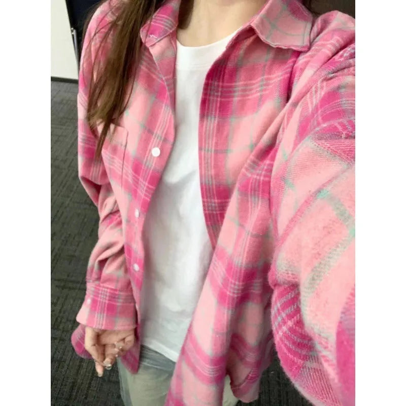 Loose casual sun-proof plaid shirt for women in pink plaid, long sleeve cardigan style, polyester