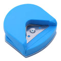 Business card corner cutter in black, blue, or pink colours showing plastic and metal construction
