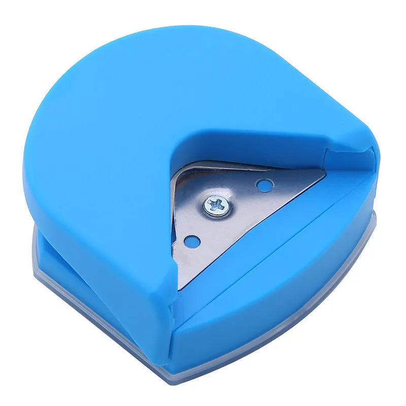 Business card corner cutter in black, blue, or pink colours showing plastic and metal construction