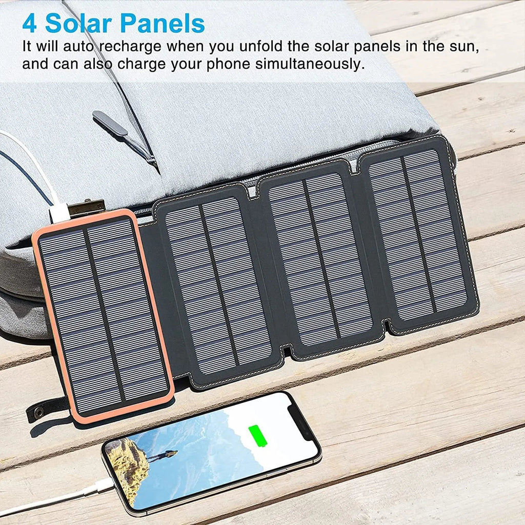 Black outdoor solar power bank with a leather finish, showing the solar panel and a single USB charging port.