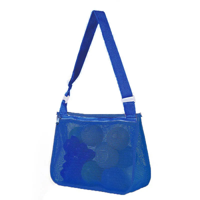 Blue nylon mesh travel storage bag with black handle and zip seal for children's clothing organisation