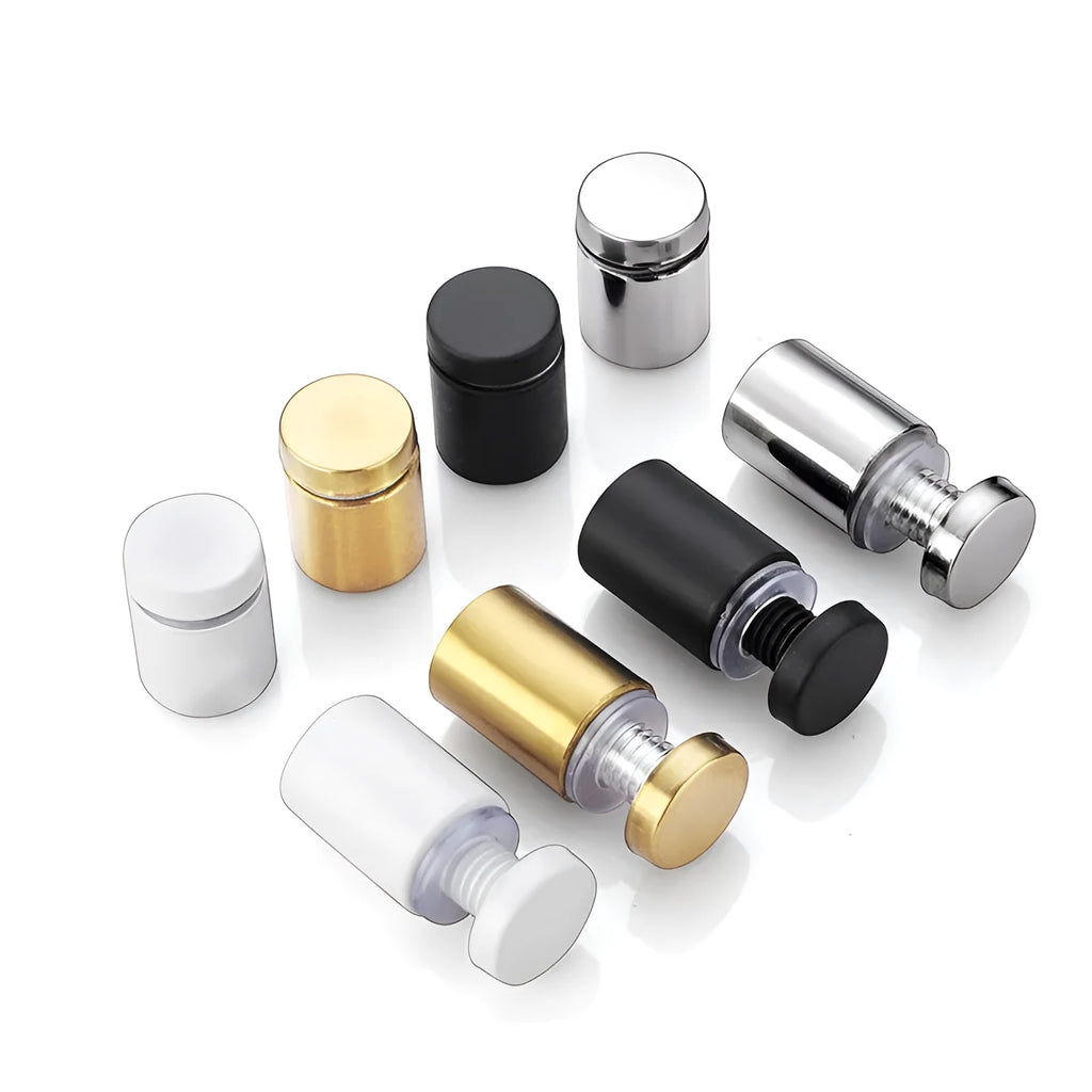 Metal standoff screws in black finish for mounting glass signs on a wall