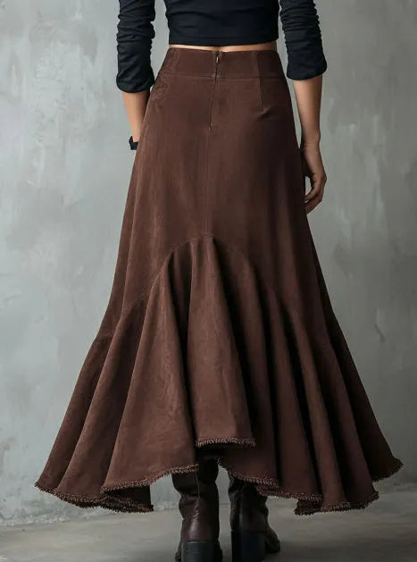 Western Brown High-Low Eco Suede Ruffle Maxi Skirt for Women