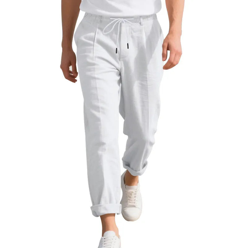 Men's straight-leg linen trousers in light khaki with a drawstring waistband.