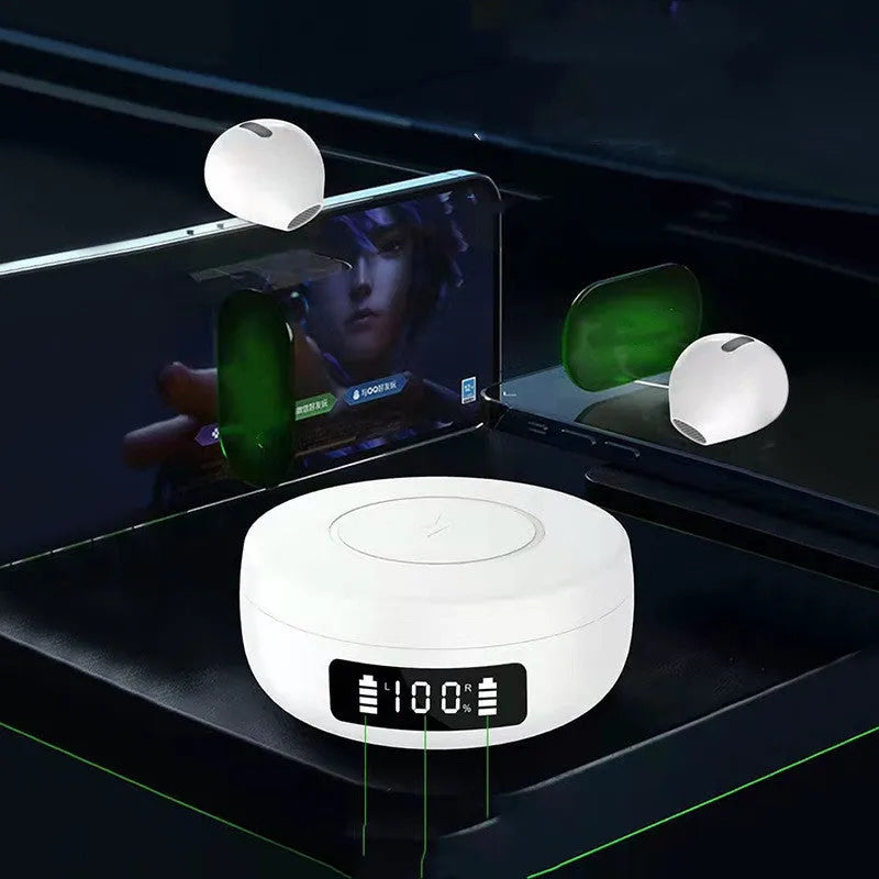 Black wireless semi-in-ear headphones and charging case on a table, showing compact design.