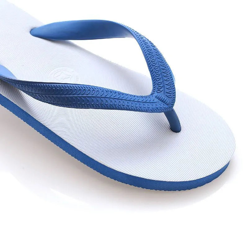Fish-brand rubber flip-flops in green, red, blue, and black colours on a beach background
