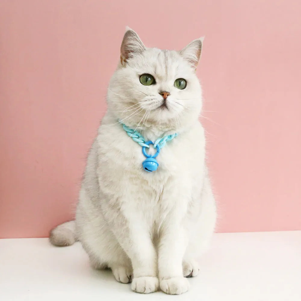 Adjustable plastic pet collar in candy chain blue colour on a white background, showing the monochrome pattern.