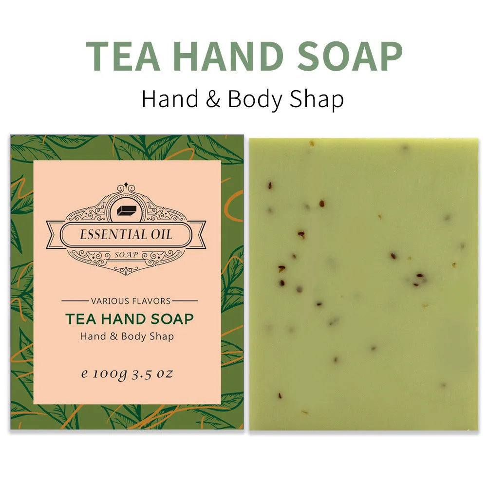 Handmade frosted essential oil soap bar in 100g size with scent options including coconut, green tea, lavender, and rose