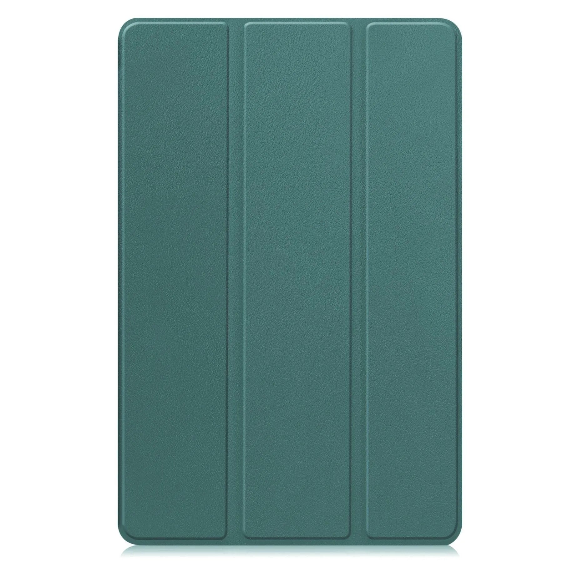 Samsung Tab S10 FE Plus tablet in a tri-fold black leather case with built-in stand open for viewing.
